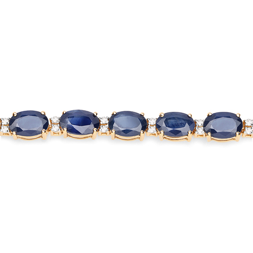 13.50 Carat Genuine Blue Sapphire and White Diamond 14K Yellow Gold Bracelet