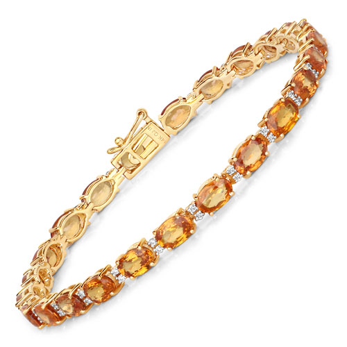 Bracelets-13.51 Carat Genuine Dark Orange Sapphire and White Diamond 14K Yellow Gold Bracelet