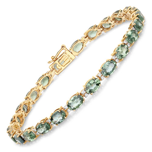 Bracelets-12.79 Carat Genuine Light Green Sapphire and White Diamond 14K Yellow Gold Bracelet
