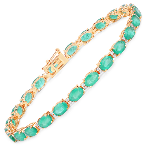 Bracelets-10.86 Carat Genuine Zambian Emerald and White Diamond 14K Yellow Gold Bracelet