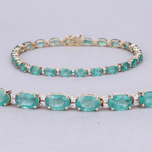 9.90 Carat Genuine Zambian Emerald and White Diamond 14K Yellow Gold Bracelet