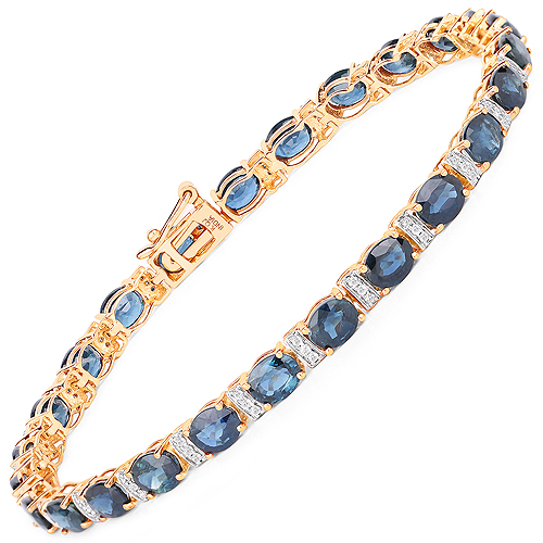 Bracelets-12.05 Carat Genuine Blue Sapphire and White Diamond 14K Yellow Gold Bracelet