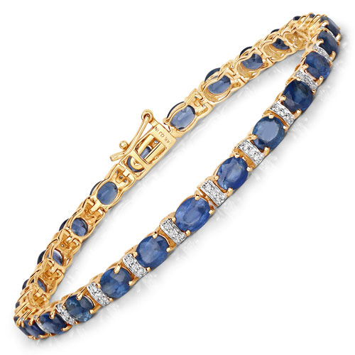 Bracelets-8.76 Carat Genuine Blue Sapphire and White Diamond 14K Yellow Gold Bracelet
