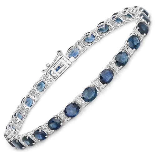 Bracelets-8.76 Carat Genuine Blue Sapphire and White Diamond 14K White Gold Bracelet