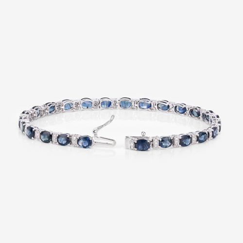 8.76 Carat Genuine Blue Sapphire and White Diamond 14K White Gold Bracelet