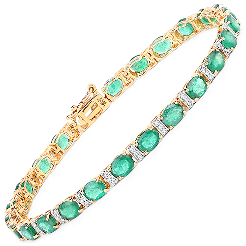 Bracelets-7.80 Carat Genuine Zambian Emerald and White Diamond 14K Yellow Gold Bracelet