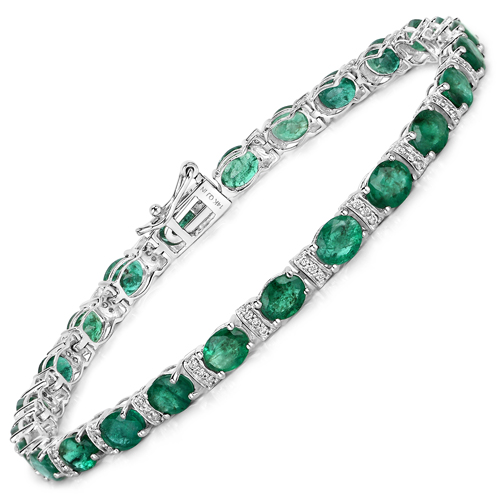 Bracelets-7.80 Carat Genuine Zambian Emerald and White Diamond 14K White Gold Bracelet