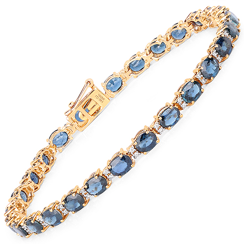 Bracelets-12.97 Carat Genuine Blue Sapphire and White Diamond 14K Yellow Gold Bracelet
