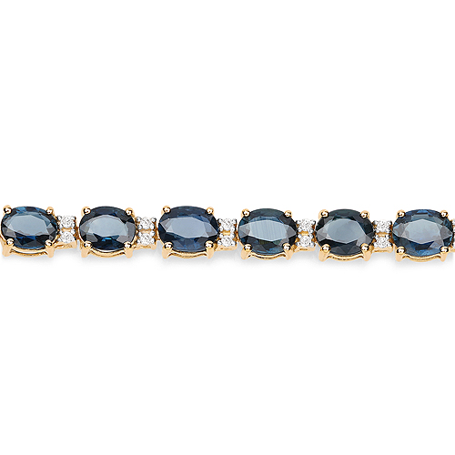 12.97 Carat Genuine Blue Sapphire and White Diamond 14K Yellow Gold Bracelet