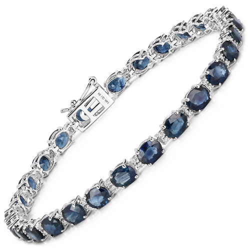 Bracelets-9.46 Carat Genuine Blue Sapphire and White Diamond 14K White Gold Bracelet