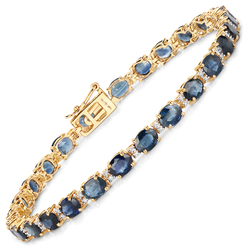 Bracelets-9.46 Carat Genuine Blue Sapphire and White Diamond 14K Yellow Gold Bracelet