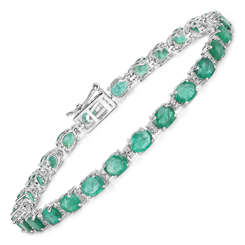Bracelets-8.38 Carat Genuine Zambian Emerald and White Diamond 14K White Gold Bracelet