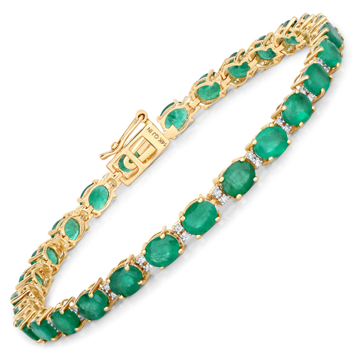 Bracelets-8.35 Carat Genuine Zambian Emerald and White Diamond 14K Yellow Gold Bracelet