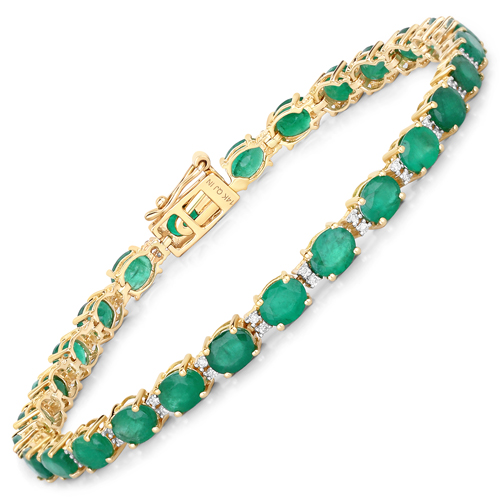 Bracelets-8.35 Carat Genuine Zambian Emerald and White Diamond 14K Yellow Gold Bracelet