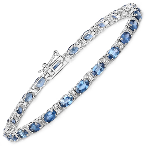 Bracelets-5.76 Carat Genuine Blue Sapphire and White Diamond 14K White Gold Bracelet