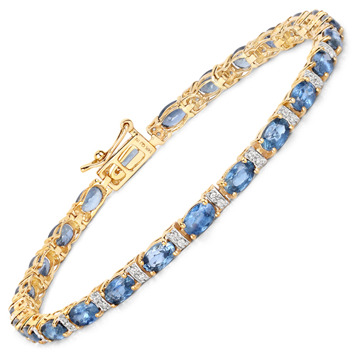 Bracelets-5.76 Carat Genuine Blue Sapphire and White Diamond 14K Yellow Gold Bracelet