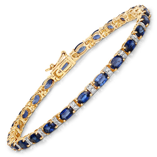 Bracelets-5.73 Carat Genuine Blue Sapphire and White Diamond 14K Yellow Gold Bracelet