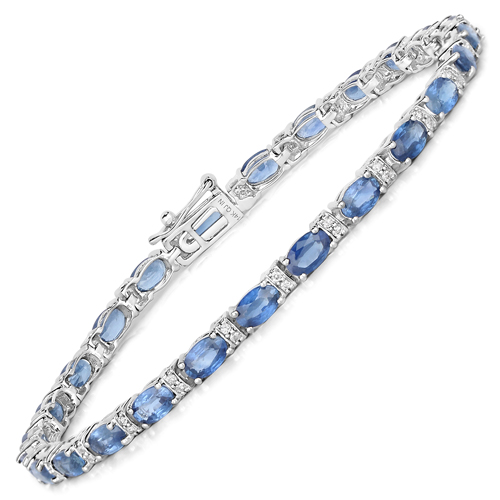 Bracelets-5.73 Carat Genuine Blue Sapphire and White Diamond 14K White Gold Bracelet