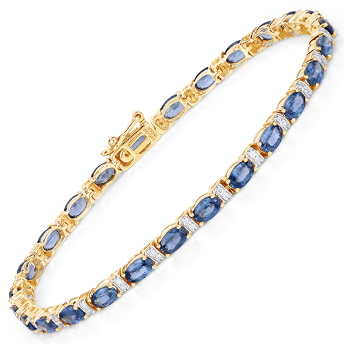 Bracelets-8.07 Carat Genuine Blue Sapphire and White Diamond 14K Yellow Gold Bracelet