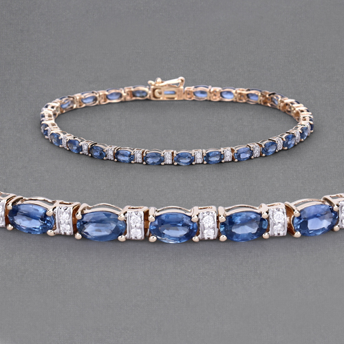 8.07 Carat Genuine Blue Sapphire and White Diamond 14K Yellow Gold Bracelet