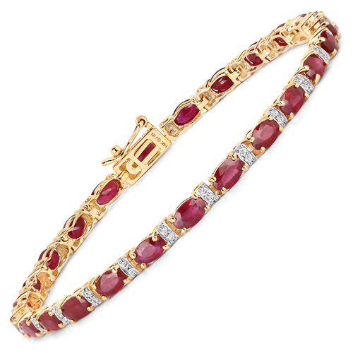 Bracelets-7.01 Carat Genuine Ruby and White Diamond 14K Yellow Gold Bracelet