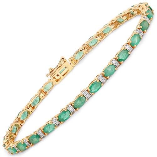 Bracelets-5.01 Carat Genuine Zambian Emerald and White Diamond 14K Yellow Gold Bracelet