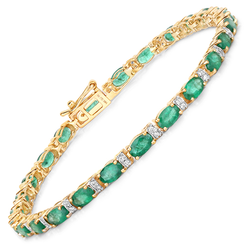 Bracelets-4.98 Carat Genuine Zambian Emerald and White Diamond 14K Yellow Gold Bracelet