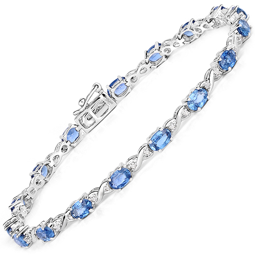 Bracelets-5.31 Carat Genuine Blue Sapphire and White Diamond 14K White Gold Bracelet