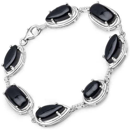 Bracelets-23.33 Carat Genuine Black Onyx and White Topaz .925 Sterling Silver Bracelet