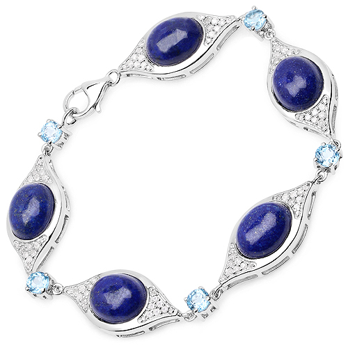 Bracelets-23.21 Carat Genuine Lapis, Swiss Blue Topaz And White Diamond .925 Sterling Silver Bracelet