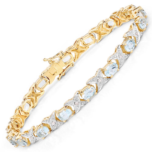 Bracelets-6.54 Carat Genuine Aquamarine and White Diamond .925 Sterling Silver Bracelet