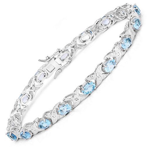 Bracelets-8.30 Carat Genuine Blue Topaz and White Diamond .925 Sterling Silver Bracelet