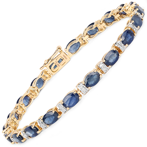 Bracelets-11.24 Carat Genuine Blue Sapphire and White Diamond 14K Yellow Gold Bracelet