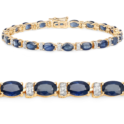 11.24 Carat Genuine Blue Sapphire and White Diamond 14K Yellow Gold Bracelet
