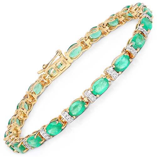 Bracelets-8.24 Carat Genuine Zambian Emerald and White Diamond 14K Yellow Gold Bracelet