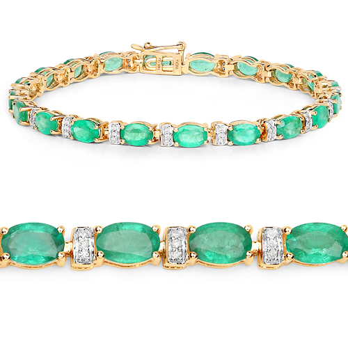 8.24 Carat Genuine Zambian Emerald and White Diamond 14K Yellow Gold Bracelet