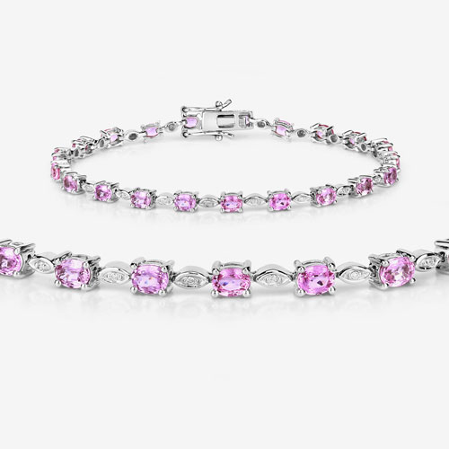 4.47 Carat Genuine Pink Sapphire and White Diamond 14K White Gold Bracelet