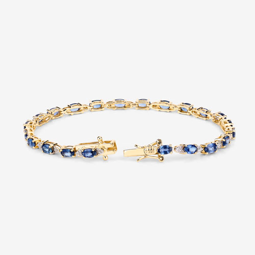 5.03 Carat Genuine Blue Sapphire and White Diamond 14K Yellow Gold Bracelet