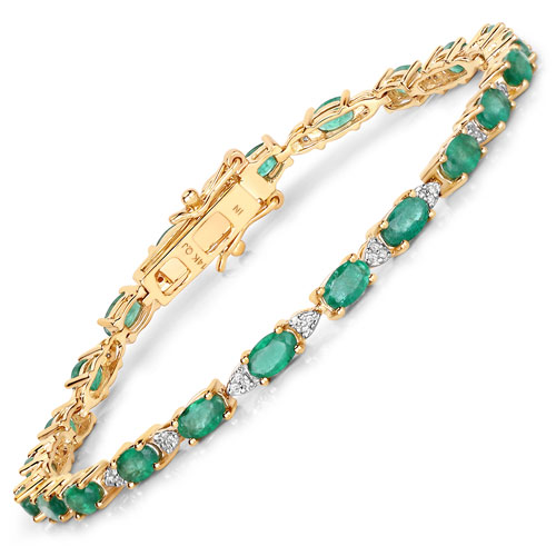 Bracelets-4.37 Carat Genuine Zambian Emerald and White Diamond 14K Yellow Gold Bracelet