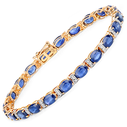 Bracelets-12.36 Carat Genuine Blue Sapphire and White Diamond 14K Yellow Gold Bracelet
