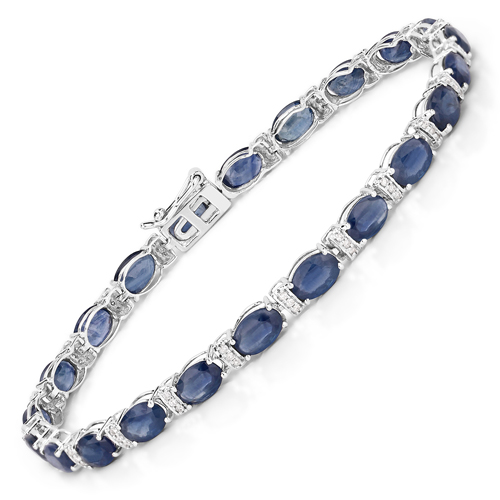 Bracelets-12.36 Carat Genuine Blue Sapphire and White Diamond 14K White Gold Bracelet