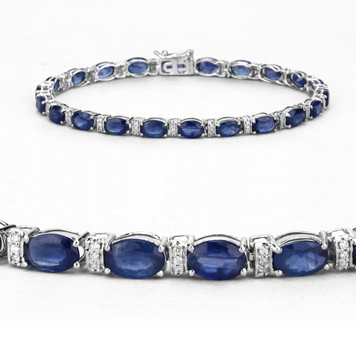 12.36 Carat Genuine Blue Sapphire and White Diamond 14K White Gold Bracelet
