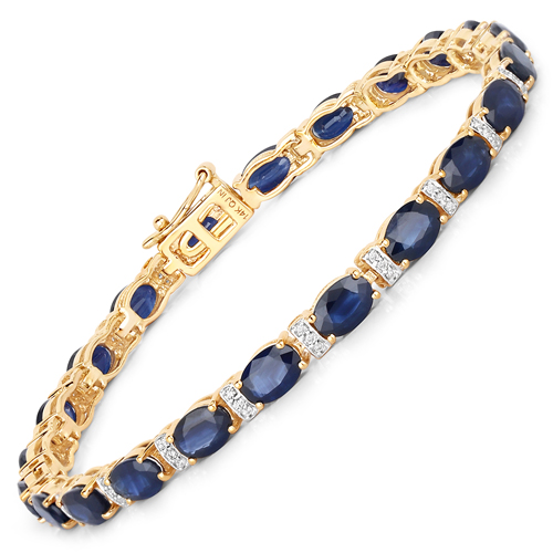 Bracelets-10.79 Carat Genuine Blue Sapphire and White Diamond 14K Yellow Gold Bracelet
