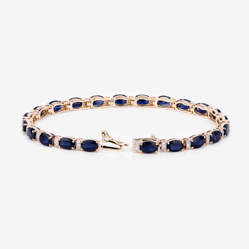 10.79 Carat Genuine Blue Sapphire and White Diamond 14K Yellow Gold Bracelet