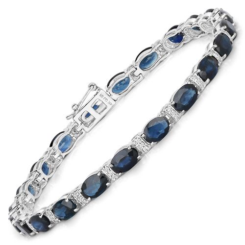 Bracelets-10.79 Carat Genuine Blue Sapphire and White Diamond 14K White Gold Bracelet