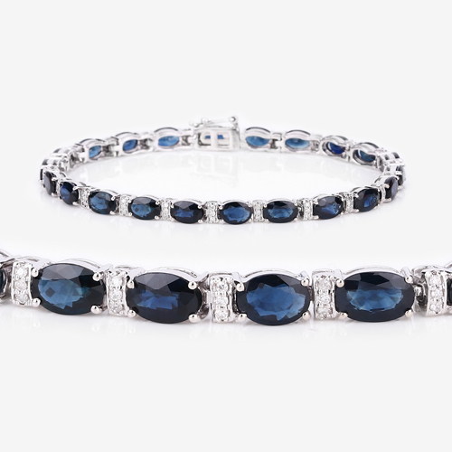 10.79 Carat Genuine Blue Sapphire and White Diamond 14K White Gold Bracelet