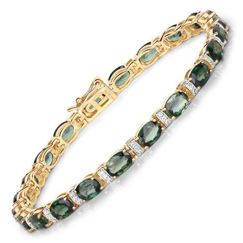 Bracelets-12.99 Carat Genuine Dark Green Sapphire and White Diamond 14K Yellow Gold Bracelet