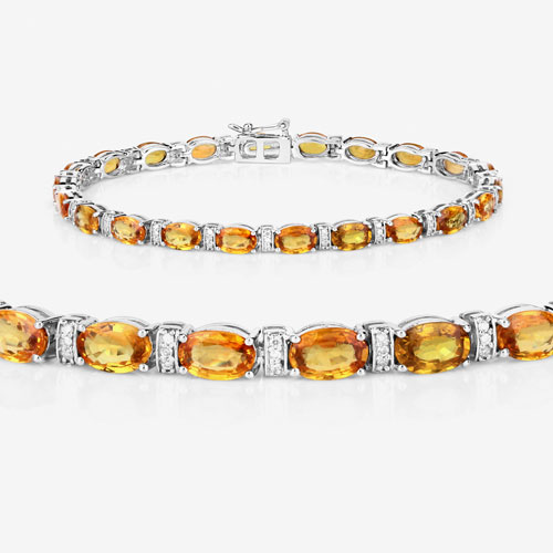 12.33 Carat Genuine Orange Sapphire and White Diamond 14K White Gold Bracelet