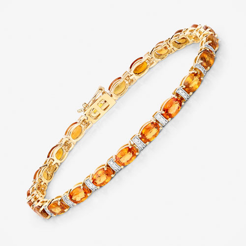 12.33 Carat Genuine Orange Sapphire and White Diamond 14K Yellow Gold Bracelet