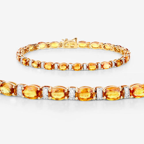 16.73 Carat Genuine Orange Sapphire and White Diamond 14K Yellow Gold Bracelet